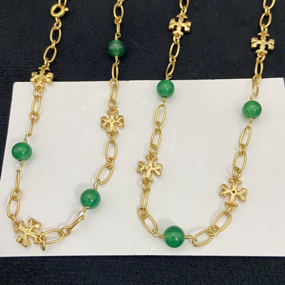 Tory Burch Emerald Round Bead Letter Metal Bracelet and Necklace